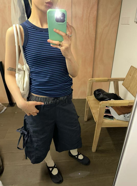 BABESTYLE｜LEMO CHAN 首尔复古格纹拼接双腰头抽绳七分工装裤