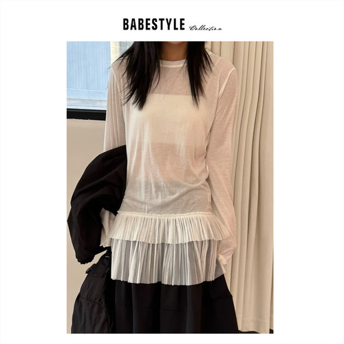 BABESTYLE |“芭蕾”首尔简约百搭百褶小裙摆微透舒适打底衫薄T