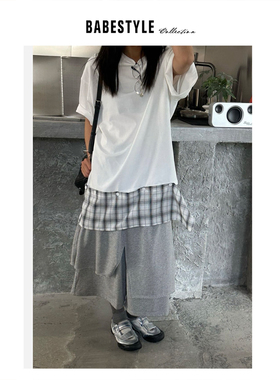 BABESTYLE |“可拆卸格纹屁帘下摆”复古格纹拼接裙摆长款短袖T