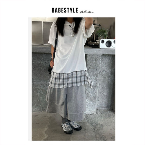 BABESTYLE |“可拆卸格纹屁帘下摆”复古格纹拼接裙摆长款短袖T