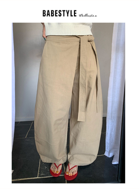 BABESTYLE |“气质学姐”简约不对称绑带设计弧形弯刀裤休闲裤