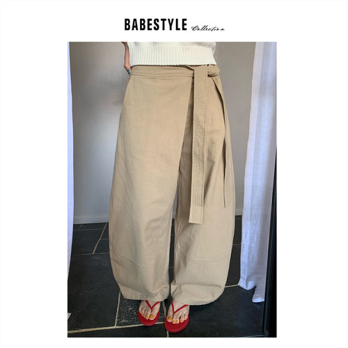 BABESTYLE |“气质学姐”简约不对称绑带设计弧形弯刀裤休闲裤