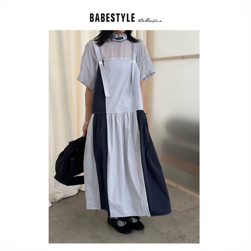 BABESTYLE |“无负担” 首尔复古文艺撞色色块拼接宽松背带裙