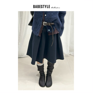 BABESTYLE |“miu系学院派”首尔复古压褶设计羊毛呢加绒半身裙