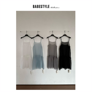 BABESTYLE |“半糖仙女”首尔甜美下摆抽褶花边宽松叠穿吊带纱裙