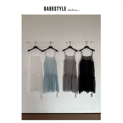 BABESTYLE |“半糖仙女”首尔甜美下摆抽褶花边宽松叠穿吊带纱裙