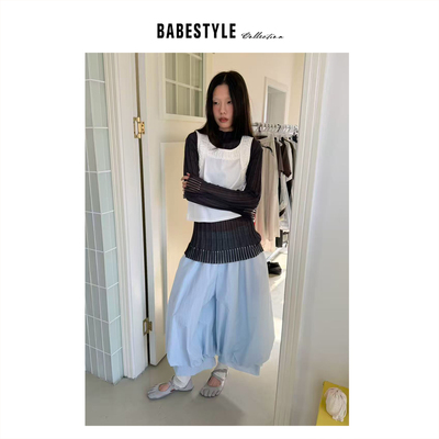 BABESTYLE |“海盐蓝” YAN 日式文艺气质假两件气球裤缩边灯笼裤