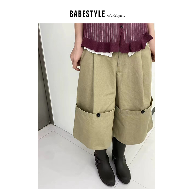BABESTYLE |“酷女孩”首尔复古大翻边洗水牛仔阔腿七分休闲裤
