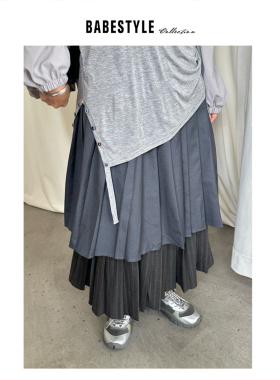BABESTYLE |“自在”首尔设计师气质双层拼接假两件百搭百褶裙
