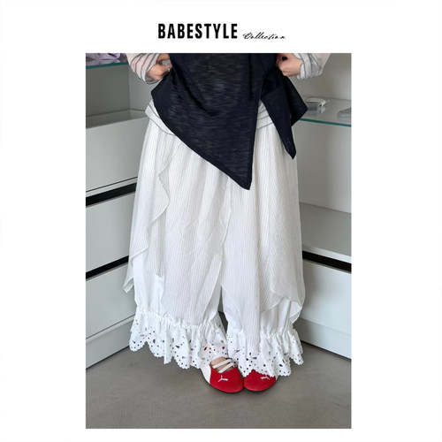 BABESTYLE |“喇叭花” YAN 日式文艺叠穿镂空设计荷叶边休闲裤