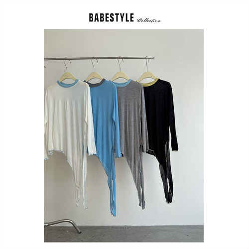 BABESTYLE |“冰湖”首尔撞色边斜边下摆开叉设计百搭显瘦打底衫T