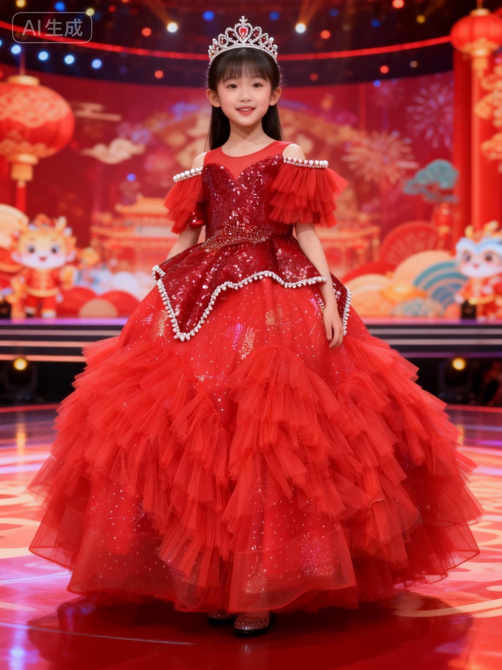 定制婉亦琪限量版高级亮片红色走秀礼服女童小主持人演出服公主裙