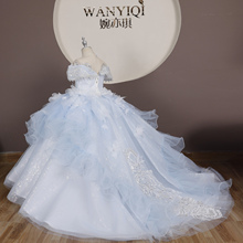 可租可售女童浅蓝色十岁生日公主裙大拖尾礼服钢琴演出服走秀礼服