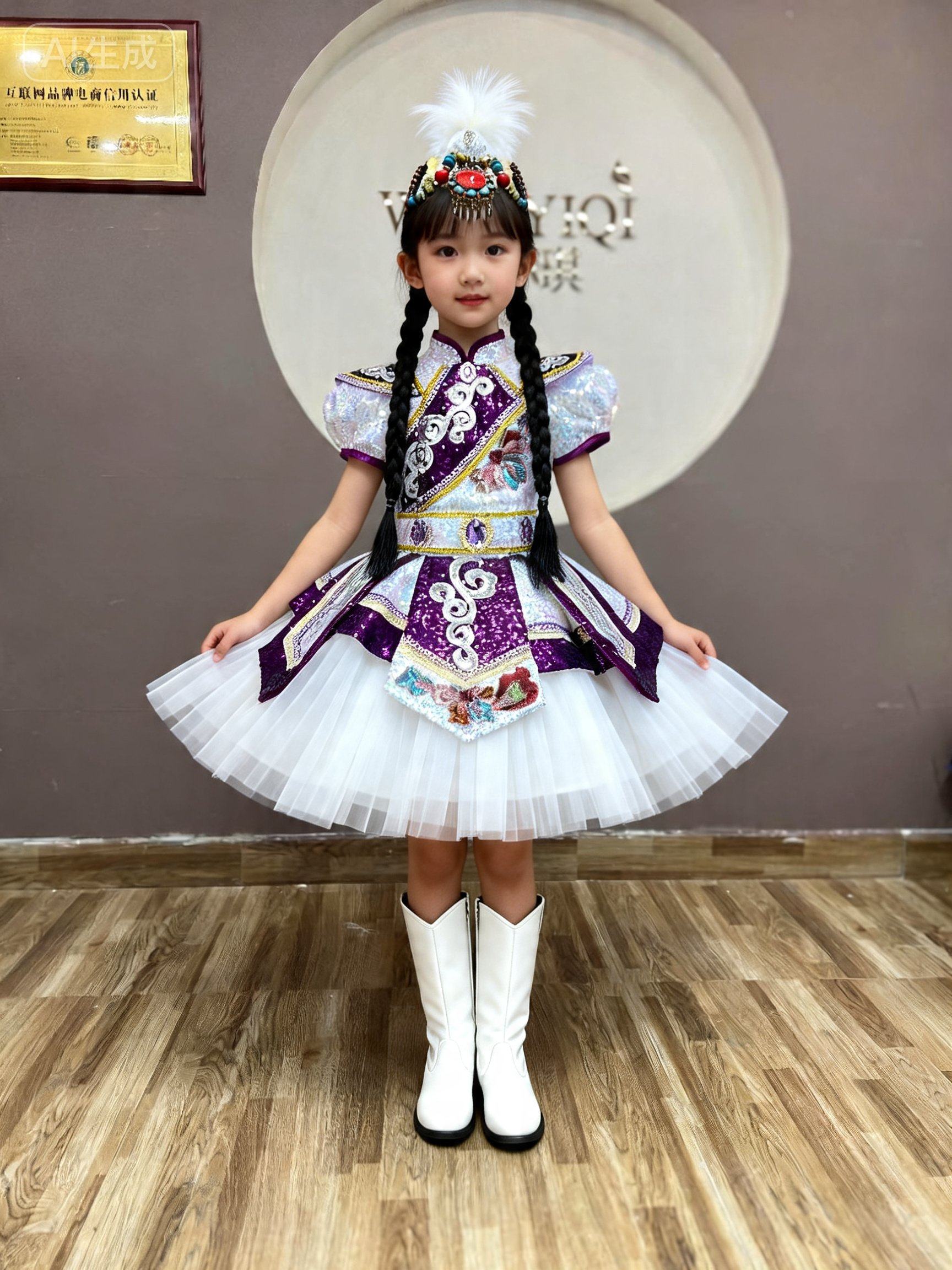 儿童藏族服饰蒙古族舞蹈表演服女童民族舞台歌唱艺考服洁白的哈达