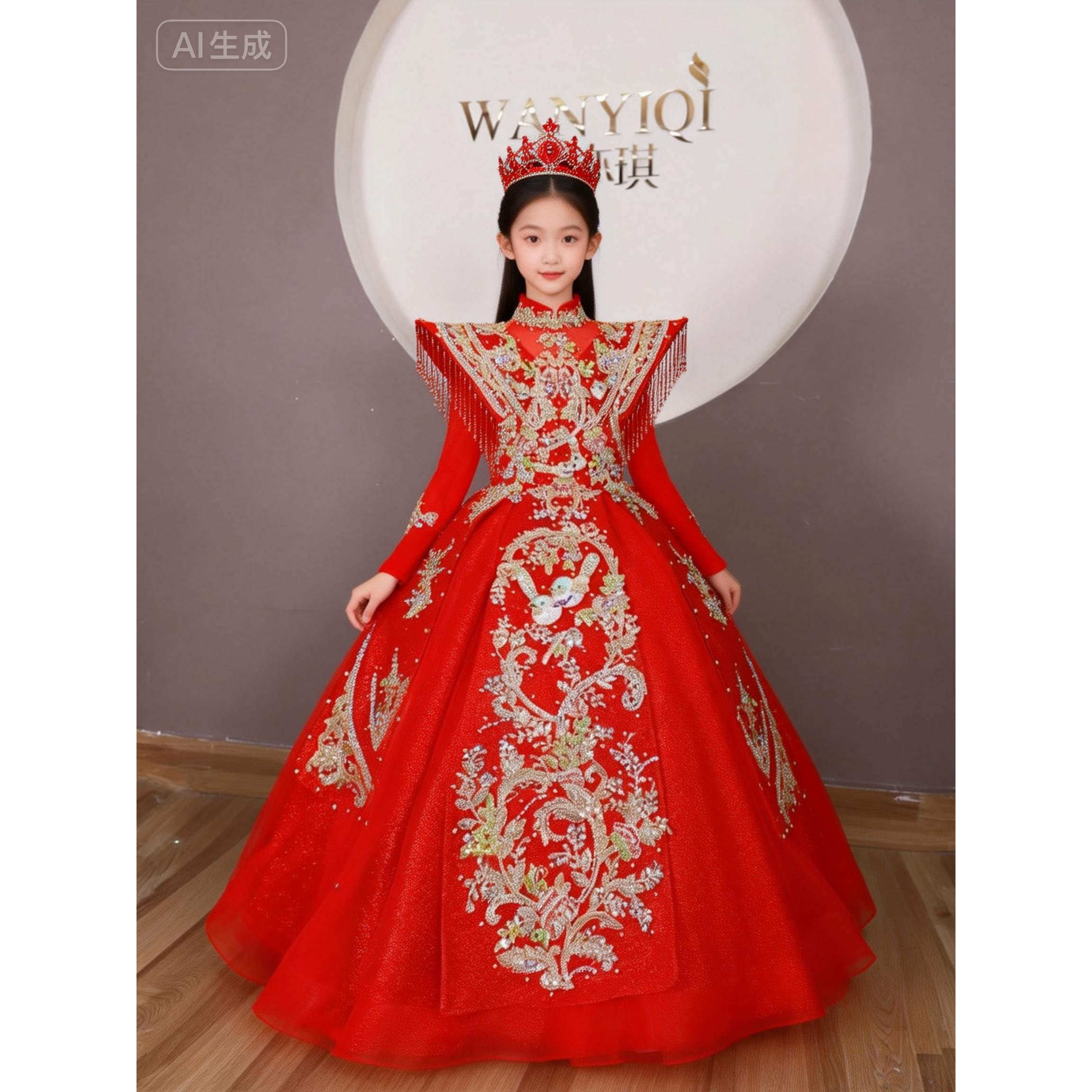 定制长袖国风大女童主持红色国潮中式女童演出生日走秀新年演出服,童装/婴儿装/亲子装,儿童礼服,淘宝优惠券,粉丝福利购,淘宝优惠卷