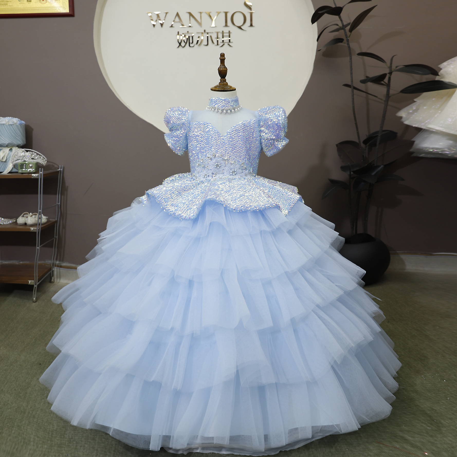 蓝色亮片女童礼服生日花童公主裙