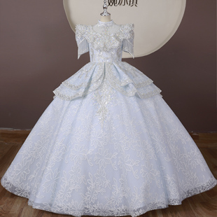 新版婉亦琪浅蓝色女童礼服齐地小主持演出服女童十岁生日华丽礼服