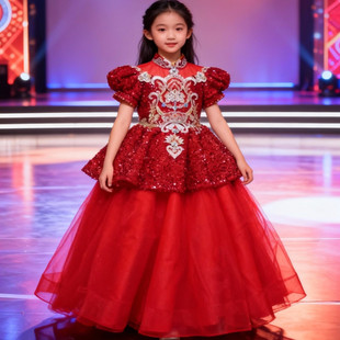 女童新年主持人演出服泡泡袖蓬蓬裙礼服红色公主风演出服生日礼服