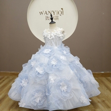 定制紫色天蓝色粉色内置裙撑花朵演出服小主持人礼服女童生日礼服