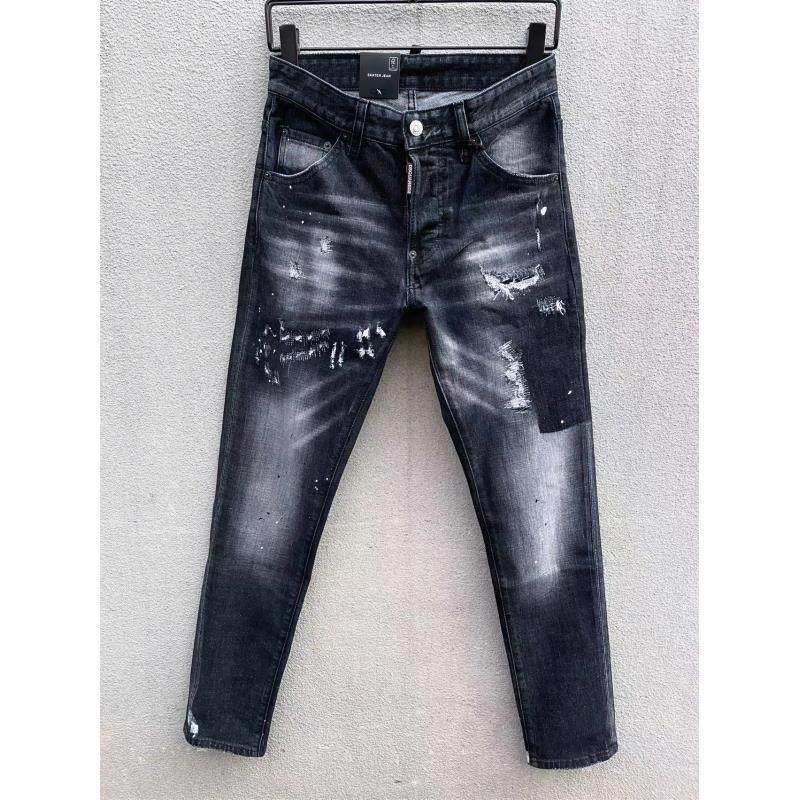 2024春秋季新C037D2潮男水洗磨破洞补丁刮破个性潮流黑色牛仔裤男