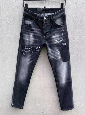 2024春秋季新C037D2潮男水洗磨破洞补丁刮破个性潮流黑色牛仔裤男