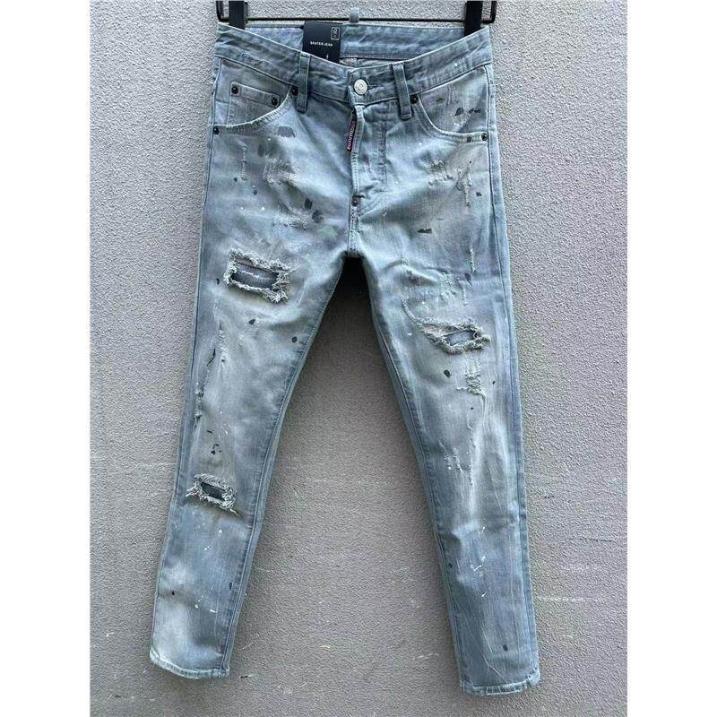 2025夏季新品D2泼墨095休闲刮烂中腰牛仔裤男款水洗浅蓝浅色休闲