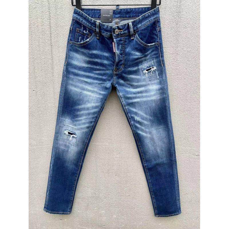 2024四季新款D2潮男032水洗磨破洞补丁个性青年小脚蓝色牛仔裤男