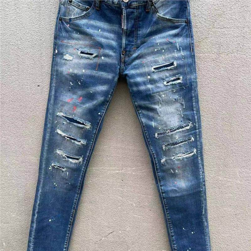 2025四季款C052春夏D2潮男水洗磨破洞补丁水洗潮小脚浅蓝色牛仔裤