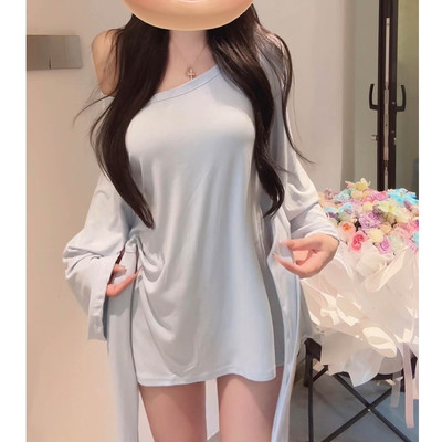 慵懒风宽松大领口斜肩系带掐腰长袖t恤女夏季韩系松弛感显瘦上衣