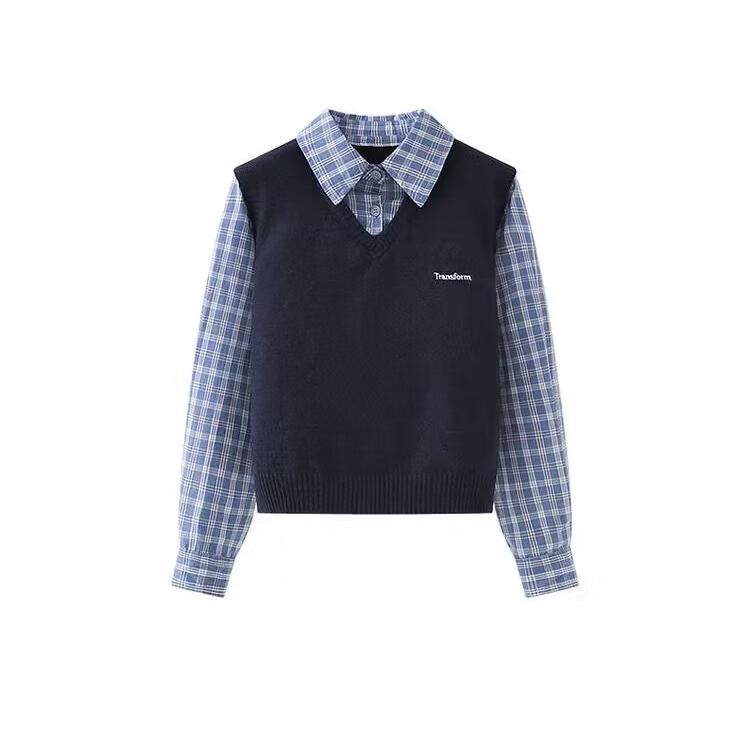 学院风假两件针织马甲背心衬衫