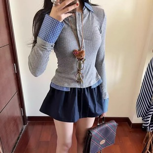 女复古减龄修身 假两件拼接衬衣polo领针织衫 显瘦毛衣百搭羊毛上衣