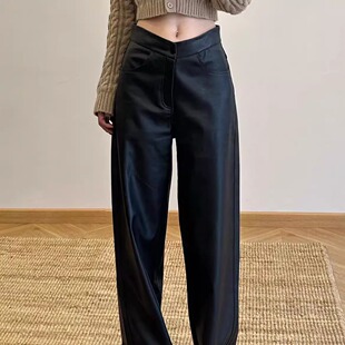 美式复古咖色休闲皮裤女秋季气质高腰西装直筒裤小个子阔腿PU皮裤