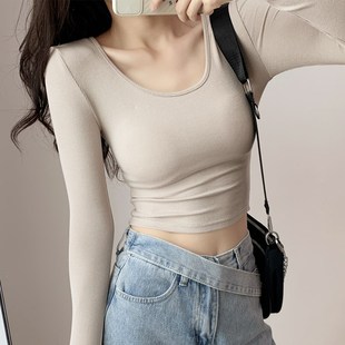 黑色短款 秋冬内搭紧身纯棉t恤上衣 低圆领打底衫 女春秋百搭ins长袖