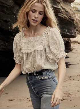 Chaney Luxe Doen纯棉玻璃纱棉手工捏泡芙重工短袖衬衫女法式复古