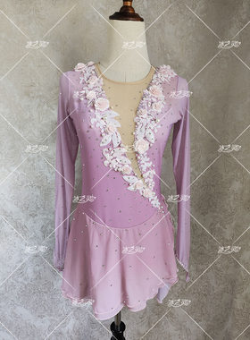 冰之灵花样滑冰表演考级粉色贱婢花朵装饰飘带灵动女孩考斯滕定制