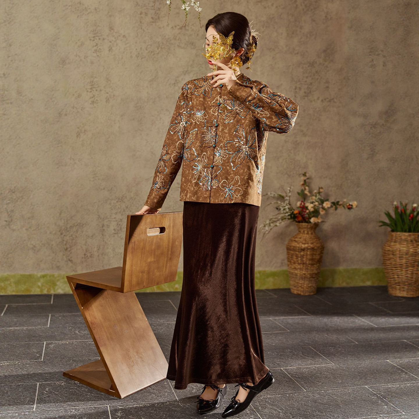 新中式贵气感国风重工珠绣气质盘扣牛仔夹克外套+丝绒半身裙套装