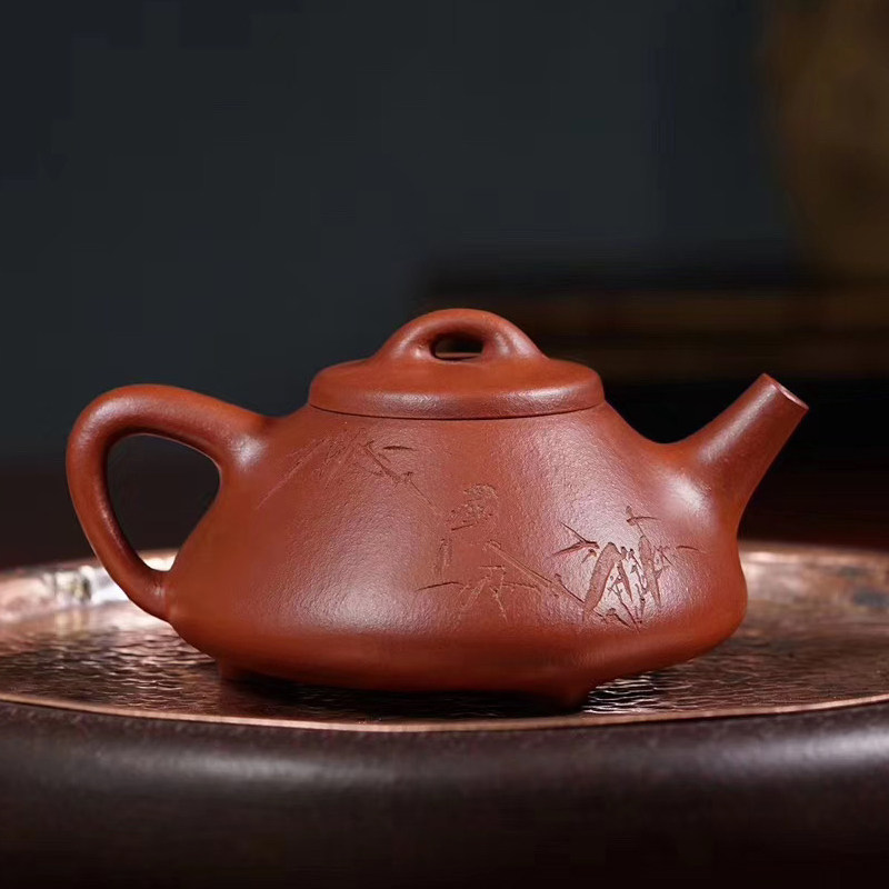 宜兴名家高工吴建平全纯手工朱砂泥子冶石瓢紫砂壶陈宏林刻泡茶具