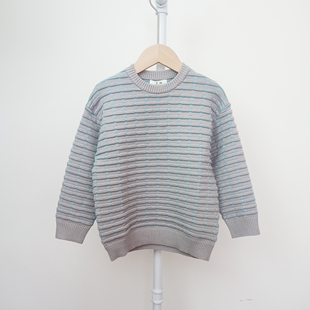 李T家男童毛衣秋款文艺灰色条纹圆领抗起球套头针织上衣100-150