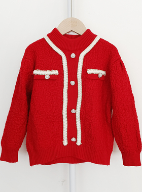 小香风红色毛衣女童外套春秋冬新款针织套头新年毛衣上衣