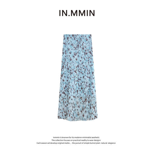 IN.MMIN  海盐可可蓝色碎花高腰显瘦慵懒休闲半身裙-bq5185