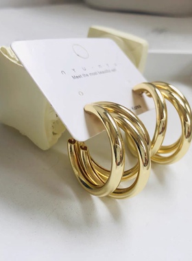 C形耳圈s925银针复古圆环耳钉港风14K真金夸张耳饰品