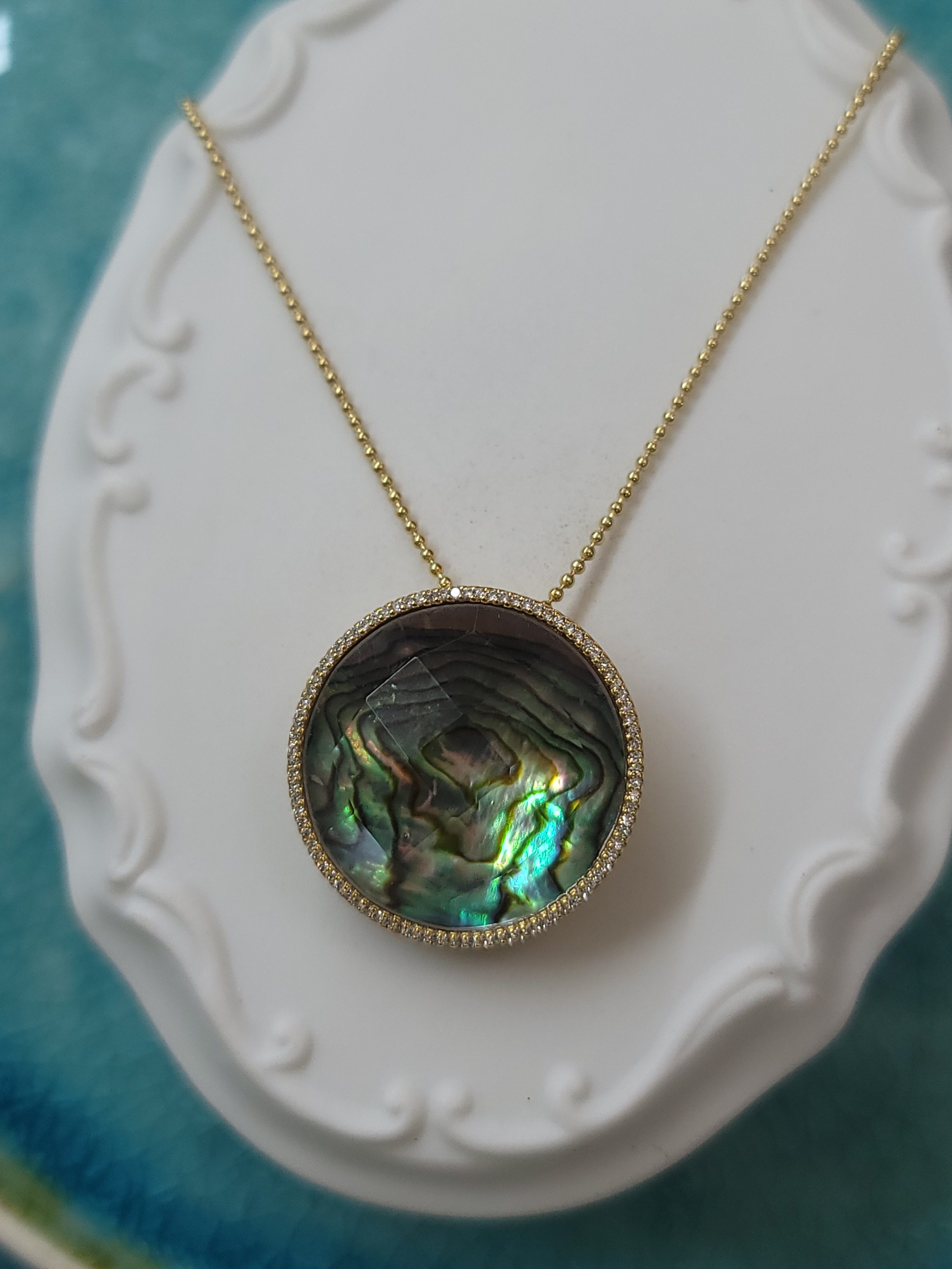 925银镶嵌天然彩贝鲍鱼壳＋切面水晶项坠