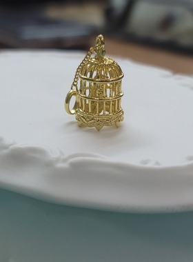 925银金色鸟笼子 内有小鸟 可以响动