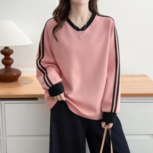 T恤洋气上衣200斤 春秋宽松显瘦女士遮肚子V领长袖 胖mm加大码 女装