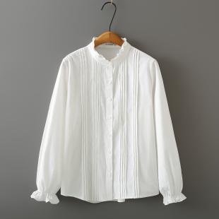 花边领休闲森系宽松显瘦上衣200斤 白色立领打底衬衫 胖mm大码 长袖