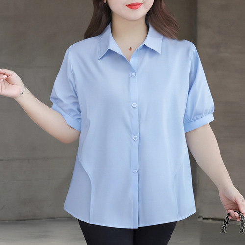 大码夏季蓝色衬衣女200斤黑色中年洋气夏装上衣短袖胖mm白衬衫