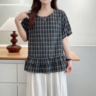 格子短袖 夏季 T恤女士洋气遮肚子宽松显瘦上衣200斤 女装 胖mm加大码