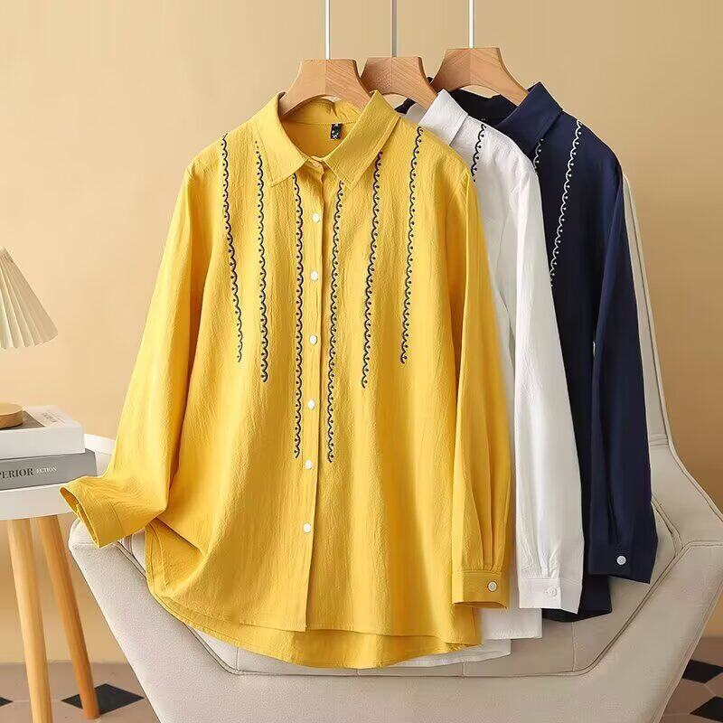 胖mm绣花纯棉长袖衬衫女春秋季2026新款宽松白色遮肚妈妈洋气大码