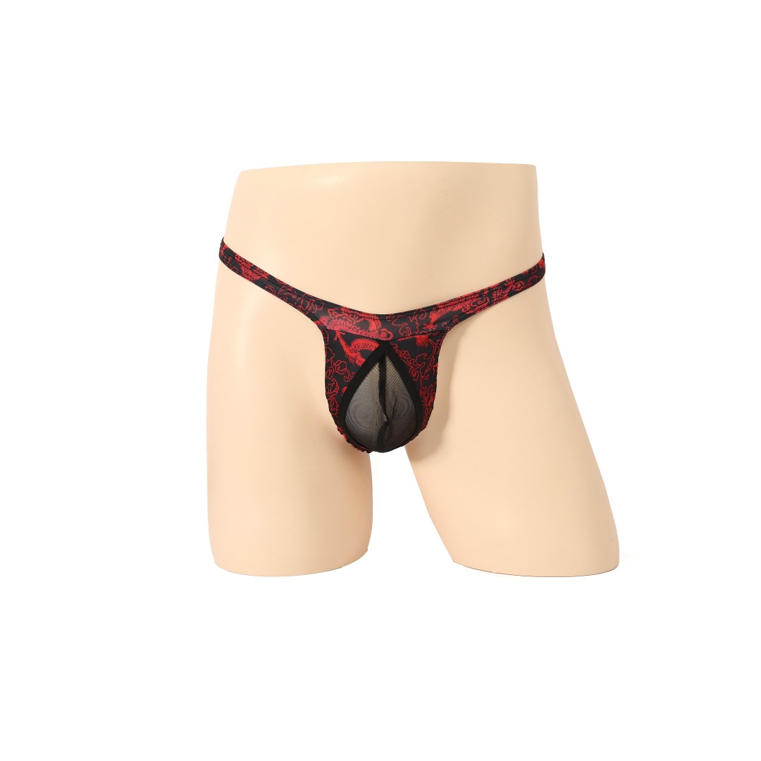 男士内裤红色系龙纹黑男低腰透气青年丁字裤性感蕾丝网纱内裤