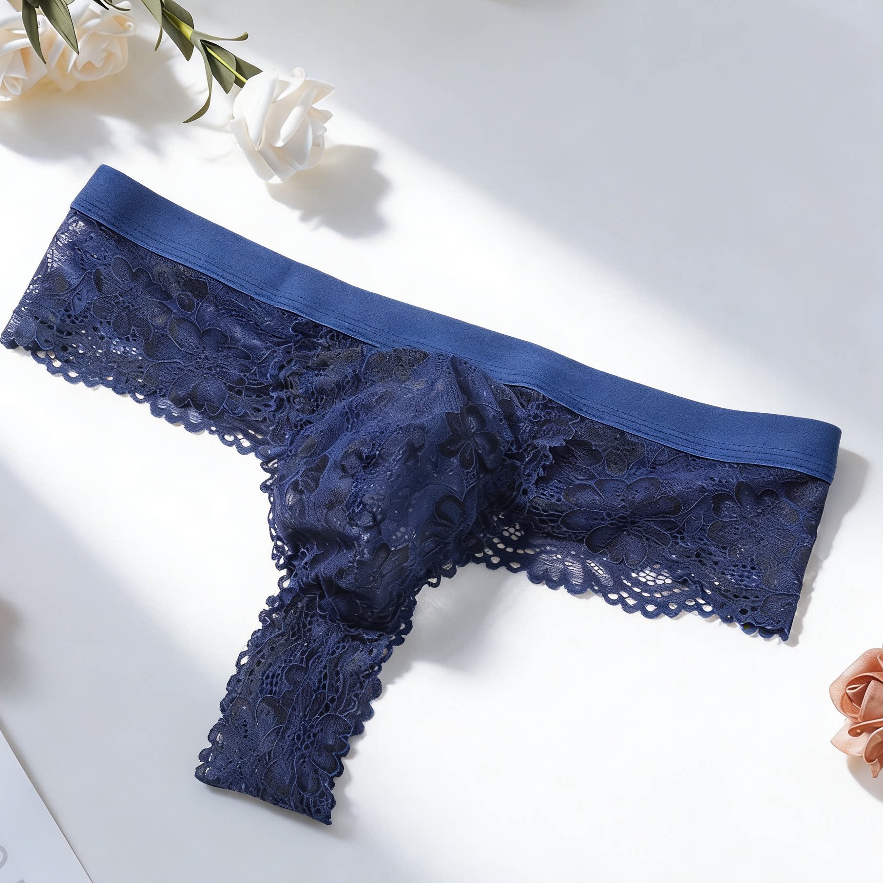 男士蓝色内裤蕾丝花边镂空设计三角裤均码100-150斤可穿
